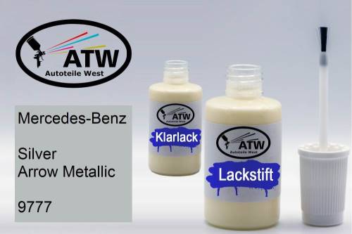 Mercedes-Benz, Silver Arrow Metallic, 9777: 20ml Lackstift + 20ml Klarlack - Set, von ATW Autoteile West.